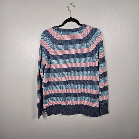 LL Bean Coastal Cotton Knit Sweater Pink Blue Striped Pullover Crew Neck Medium - Picture 2 of 6